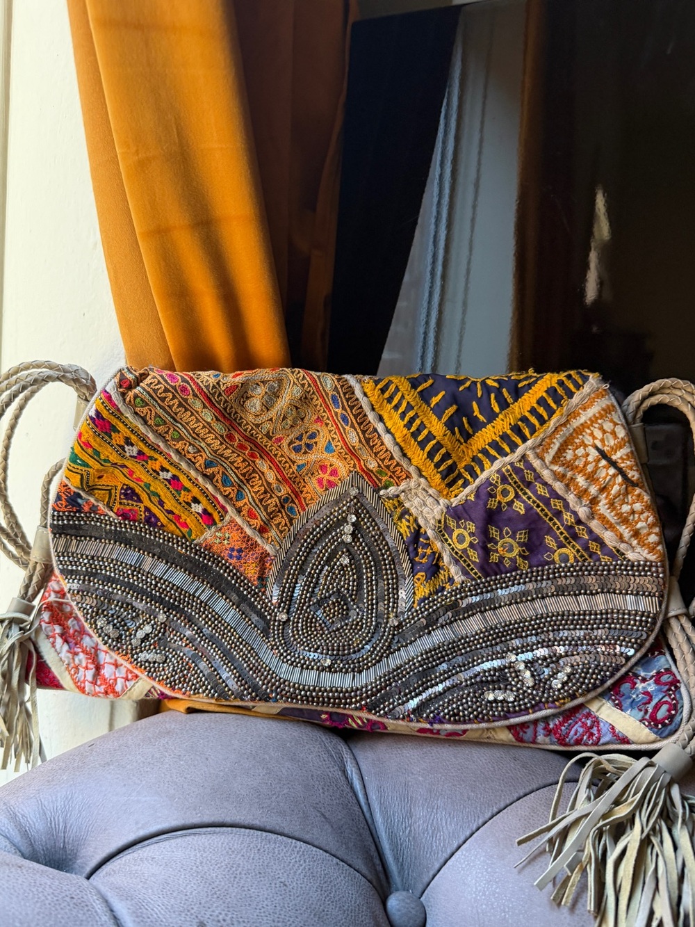 Anthropologie Antik Boho Embroidered Multicolor Crossbody Bag with Beaded Detail